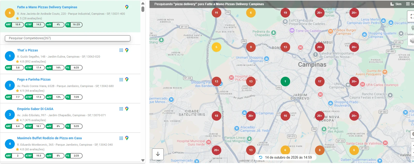 Mapa real de Fatte a Mano Pizzaria para pizza delivery, 14/10/2026 · 14h59