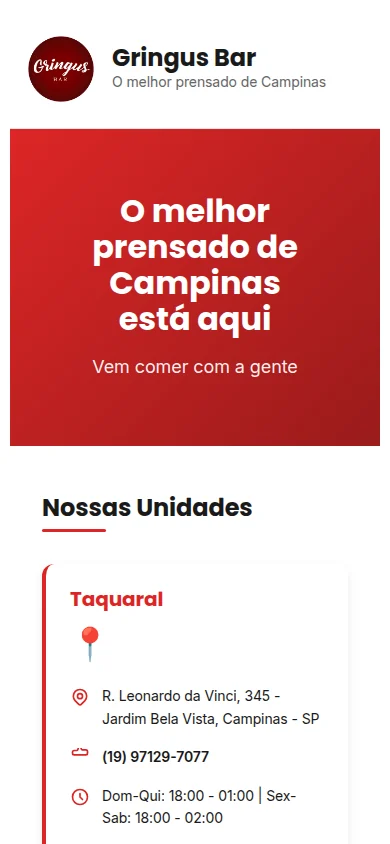 Versão mobile do mini site Gringus Bar.