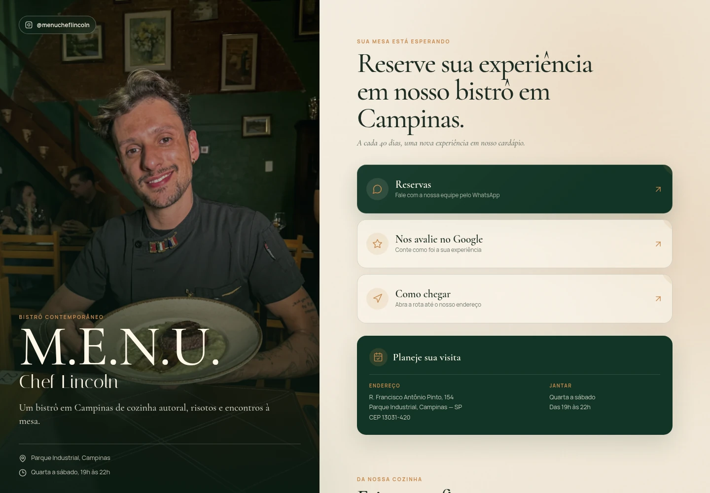 Captura real do mini site M.E.N.U. Chef Lincoln, bistrô contemporâneo em Campinas.