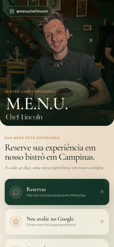 Versão mobile do mini site M.E.N.U. Chef Lincoln.