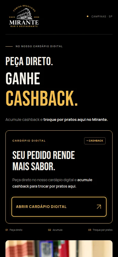 Versão mobile do mini site Mirante Bar e Restaurante.