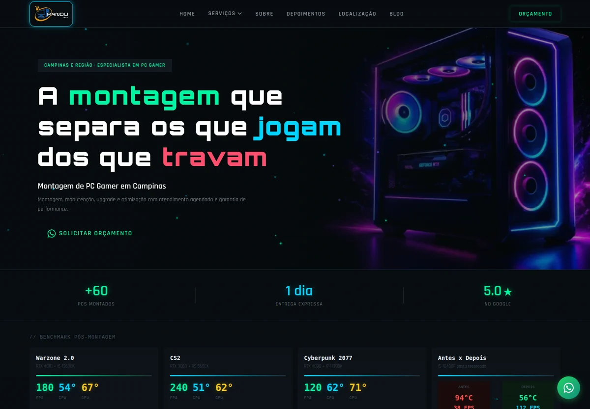 Captura real do site Pandu Info, com identidade visual voltada a computadores e PC gamer.