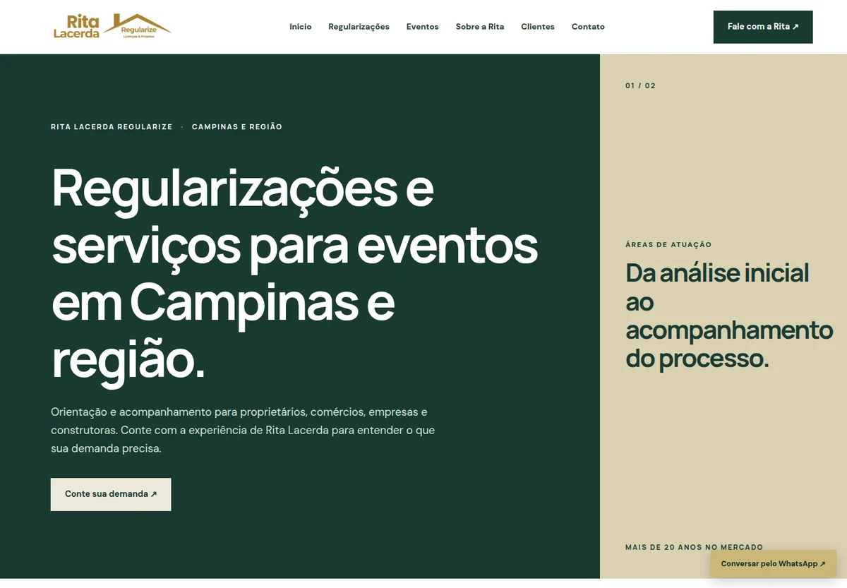 Captura real do site Rita Lacerda Regularize, com apresentação dos serviços de regularização e eventos.