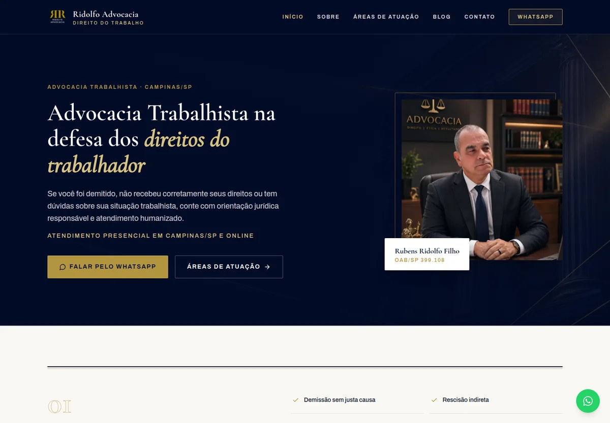 Captura real do site Rubens Ridolfo, com apresentação da advocacia trabalhista e do profissional.